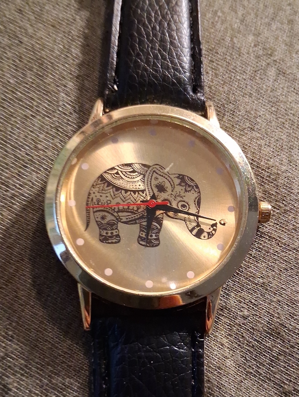 Drunk Elephant Gold Dial Watch with Black Leather Strap and Red Second Hand